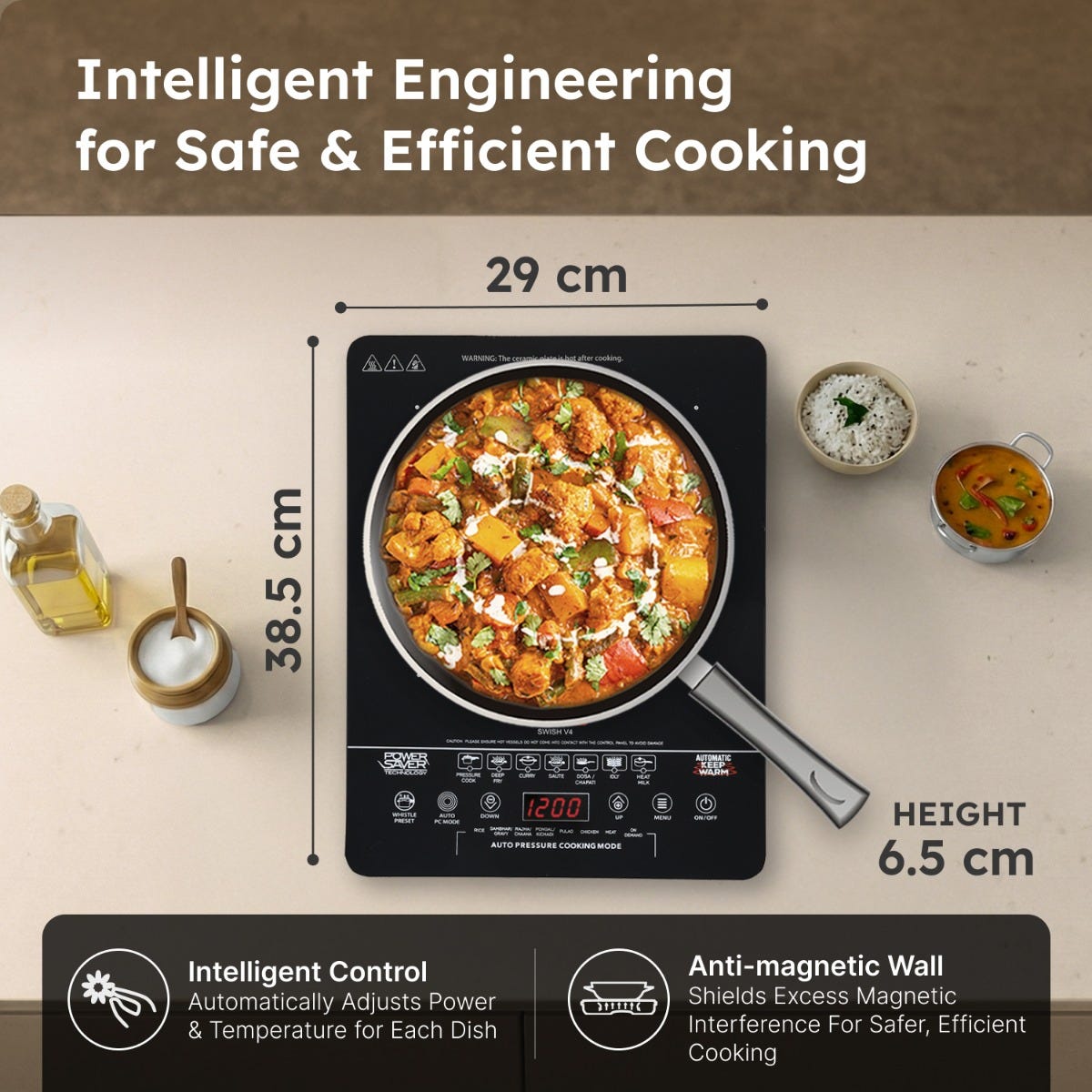 Prestige Swish Induction Cooktop V4 + Prestige TRIPLY Splendid 4 Pc Cookware Set: Fry Pan 22cm, Kadai 22cm, Saucepan 14cm, SS Lid 24cm, Gas & Induction Compatible, 15Y Warranty