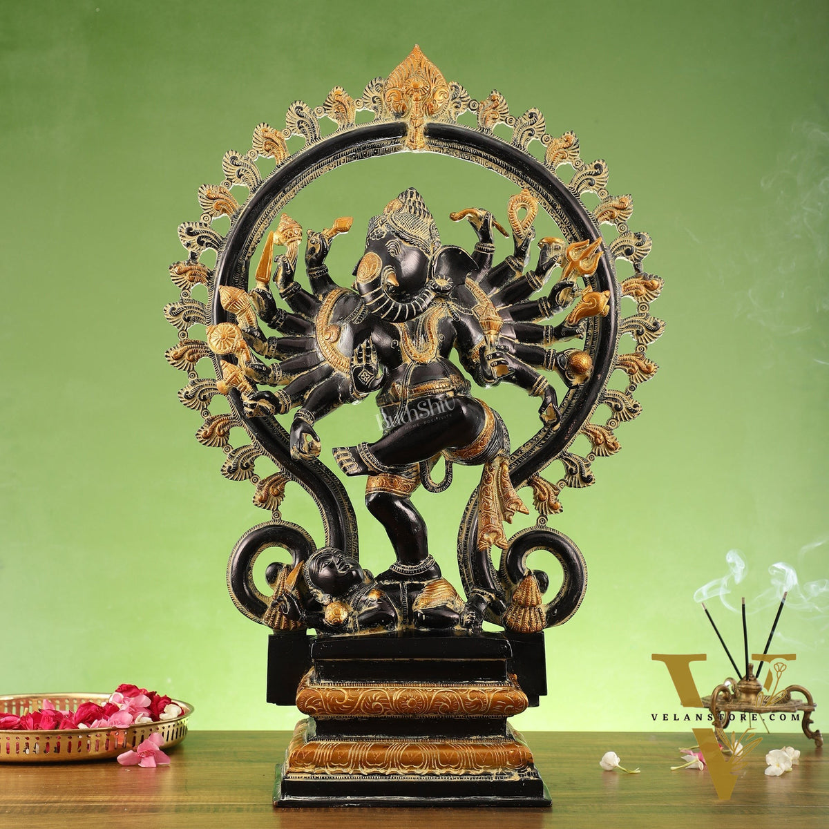 Dancing Ganesha Brass Statue with 16 Arms | 26 inch.
