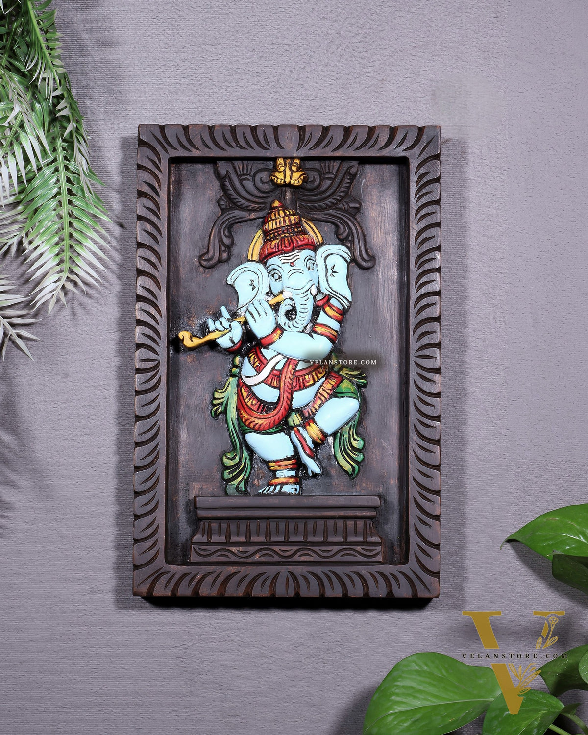 Dancing Ganesha Playing Flute – Handcrafted & Hand-Painted Wooden Wall Hanging Panel 18"