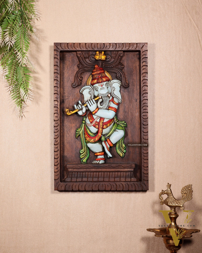 Dancing Ganesha Playing Flute – Handcrafted & Hand-Painted Wooden Wall Hanging Panel 18"