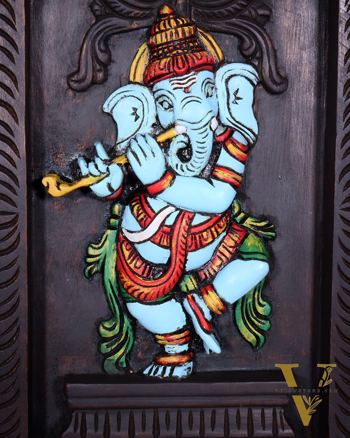 Dancing Ganesha Playing Flute – Handcrafted & Hand-Painted Wooden Wall Hanging Panel 18"