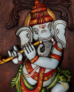 Dancing Ganesha Playing Flute – Handcrafted & Hand-Painted Wooden Wall Hanging Panel 18"