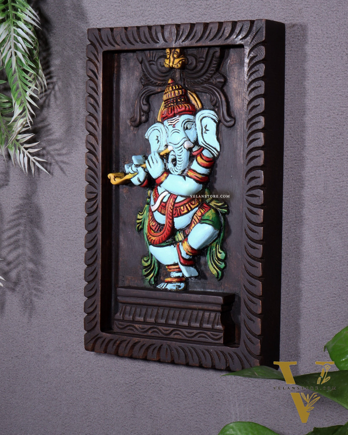 Dancing Ganesha Playing Flute – Handcrafted & Hand-Painted Wooden Wall Hanging Panel 18"