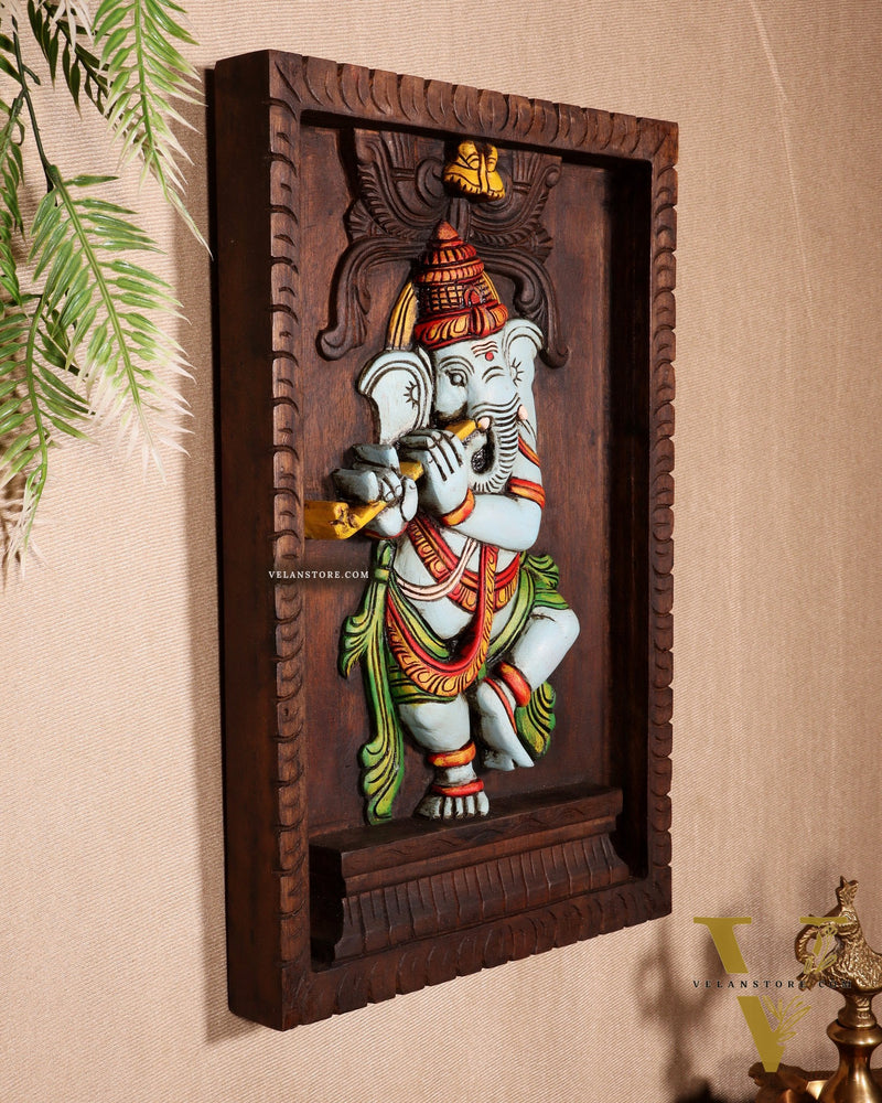 Dancing Ganesha Playing Flute – Handcrafted & Hand-Painted Wooden Wall Hanging Panel 18"