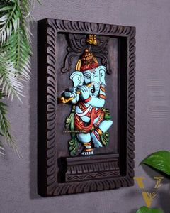 Dancing Ganesha Playing Flute – Handcrafted & Hand-Painted Wooden Wall Hanging Panel 18"