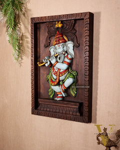 Dancing Ganesha Playing Flute – Handcrafted & Hand-Painted Wooden Wall Hanging Panel 18"