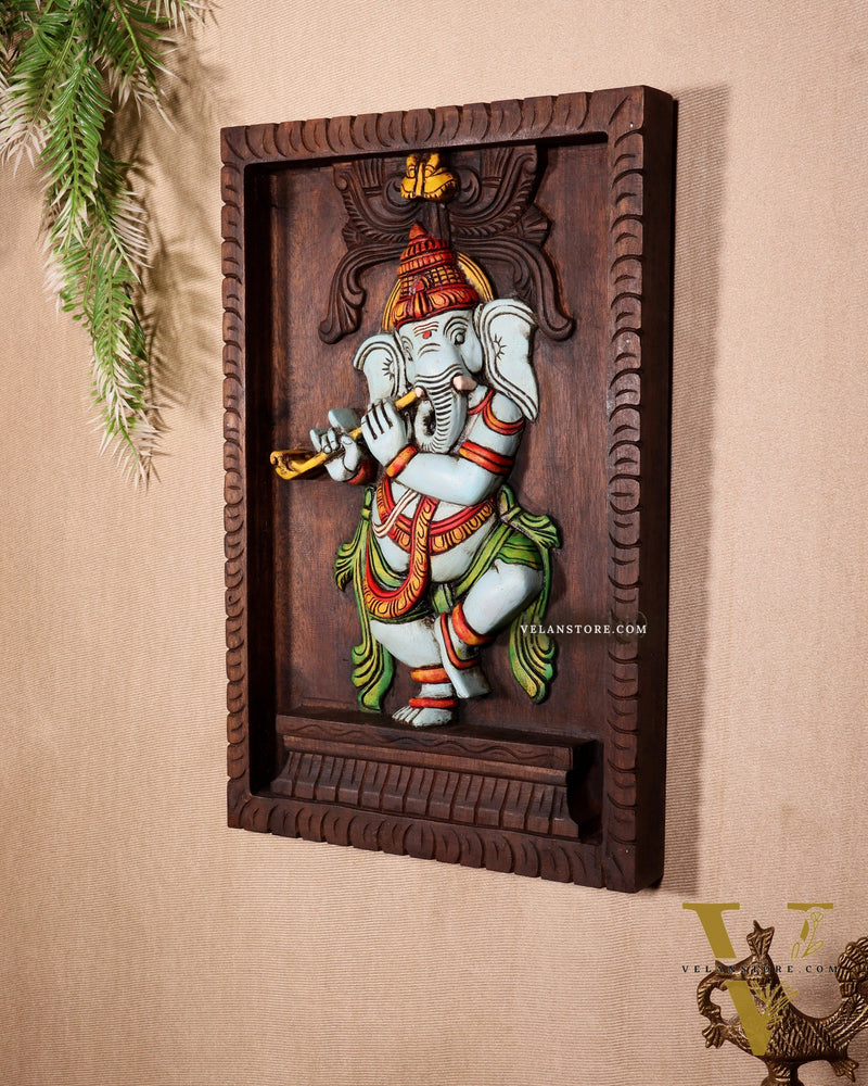 Dancing Ganesha Playing Flute – Handcrafted & Hand-Painted Wooden Wall Hanging Panel 18"