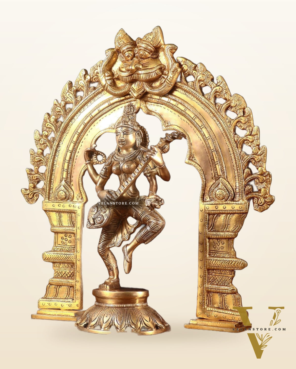 Dancing Saraswati Brass Statue with Golden Prabhavali – 17”