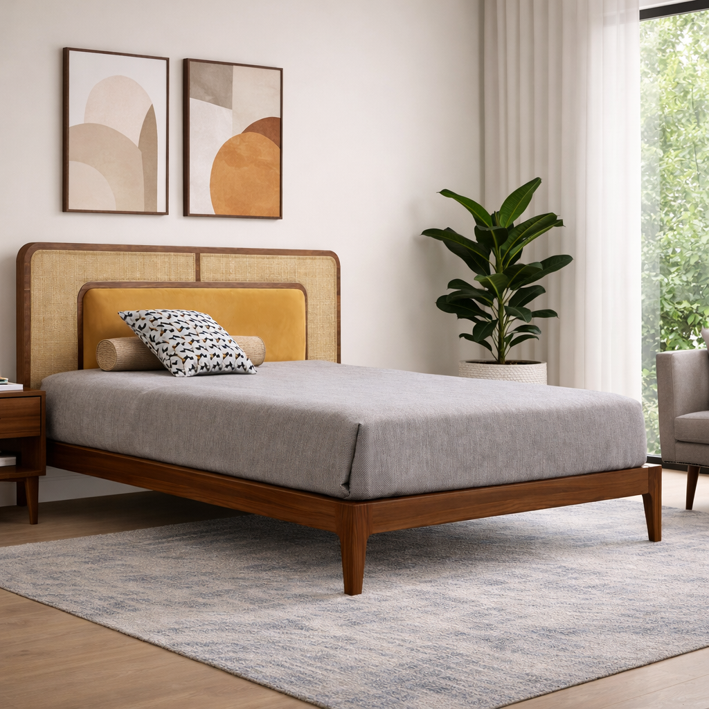 Mid-Century Wooden Bed with Cane & Upholstered Headboard