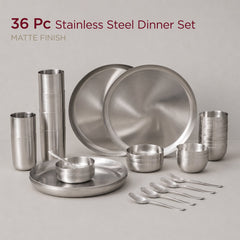 36-Piece Stainless Steel Solid Dinner Set • Matte Finish • Serves 6 (स्टील का डिनर सेट)