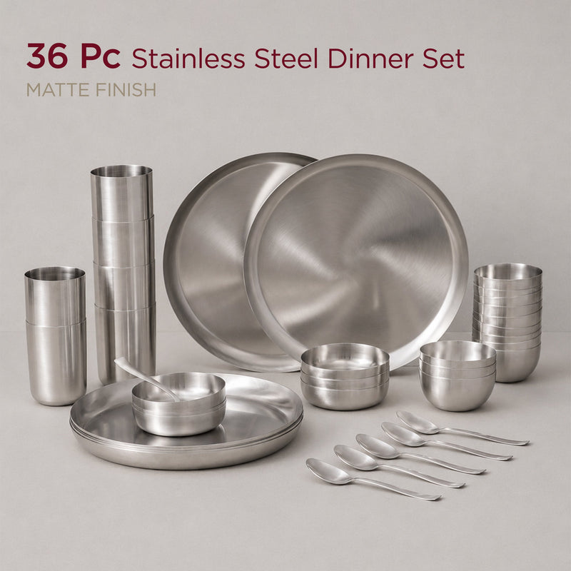 36-Piece Stainless Steel Solid Dinner Set • Matte Finish • Serves 6 (स्टील का डिनर सेट)