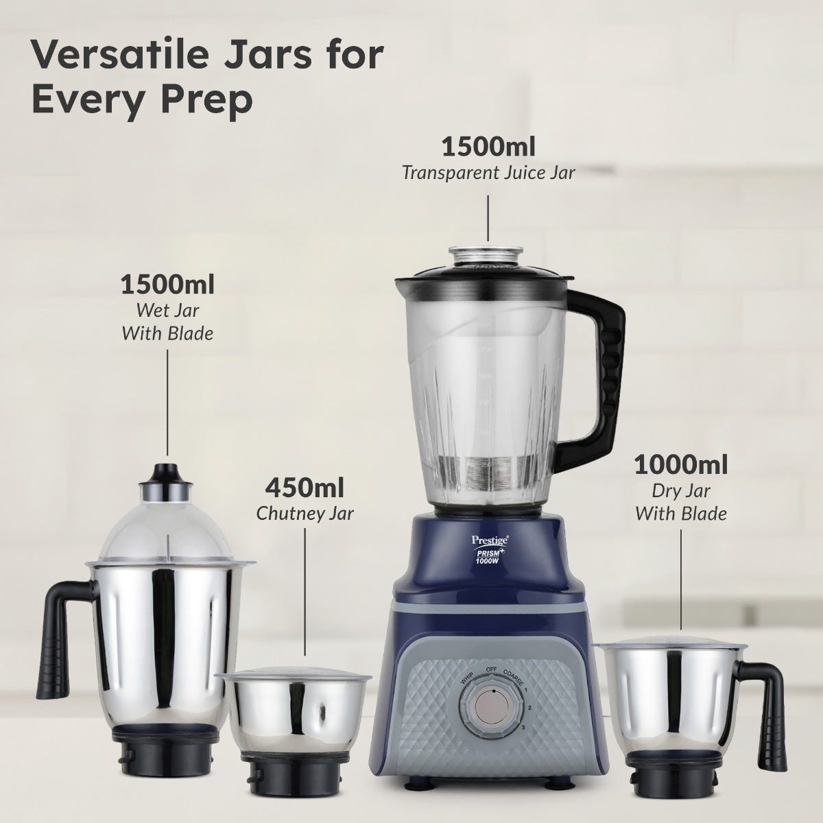 Prestige Prism Plus 1000W Mixer Grinder, 3 SS Jars & 1.5L Transparent Juicer Jar: Wet 1.5L, Dry 1.0L, Chutney 450ml, Heavy Duty Motor + Prestige 1.5L PMC 3.0 Plus Multi Kettle / Multi Cooker