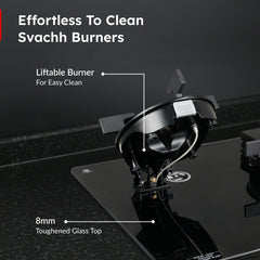 Prestige Premia 90 cm BLDC Chimney, 1400 m³/hr Suction, 10 Speeds, Gesture & Touch Control, Auto Clean, Filterless + Prestige Svachh Efficia Hob 03 AI, Glass Top, 3 Brass Burners + Installation Kit