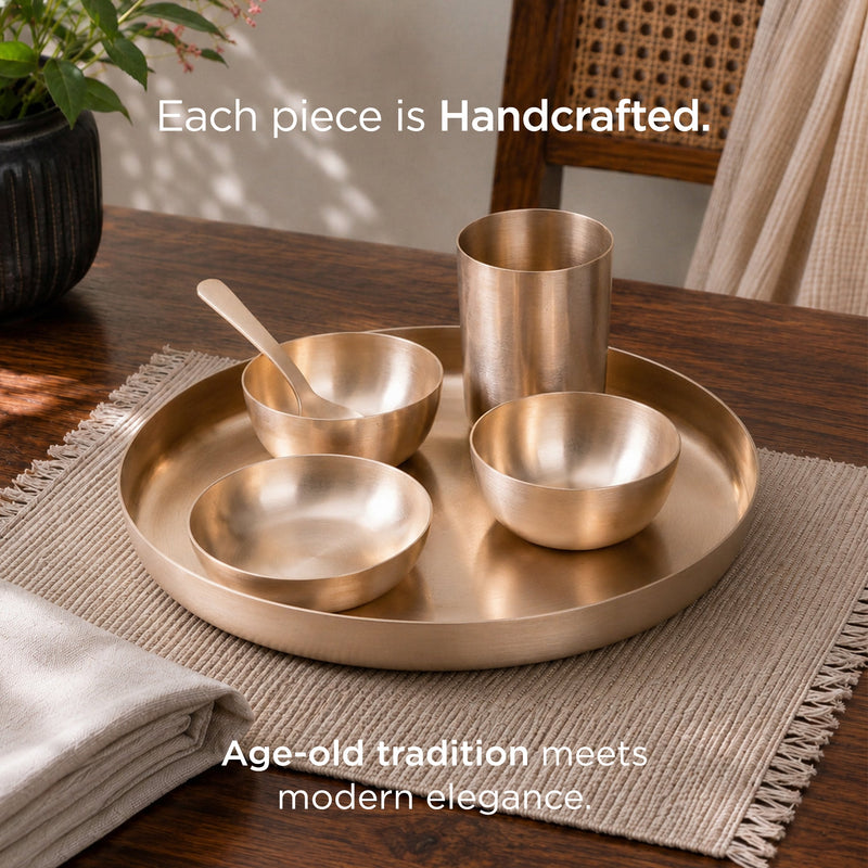36-Piece Kansa Dinner Set • Serves 6 • Antique Matte Finish • 100% Lead Free (कांसे का डिनर सेट) | Total Weight: ~9 kg