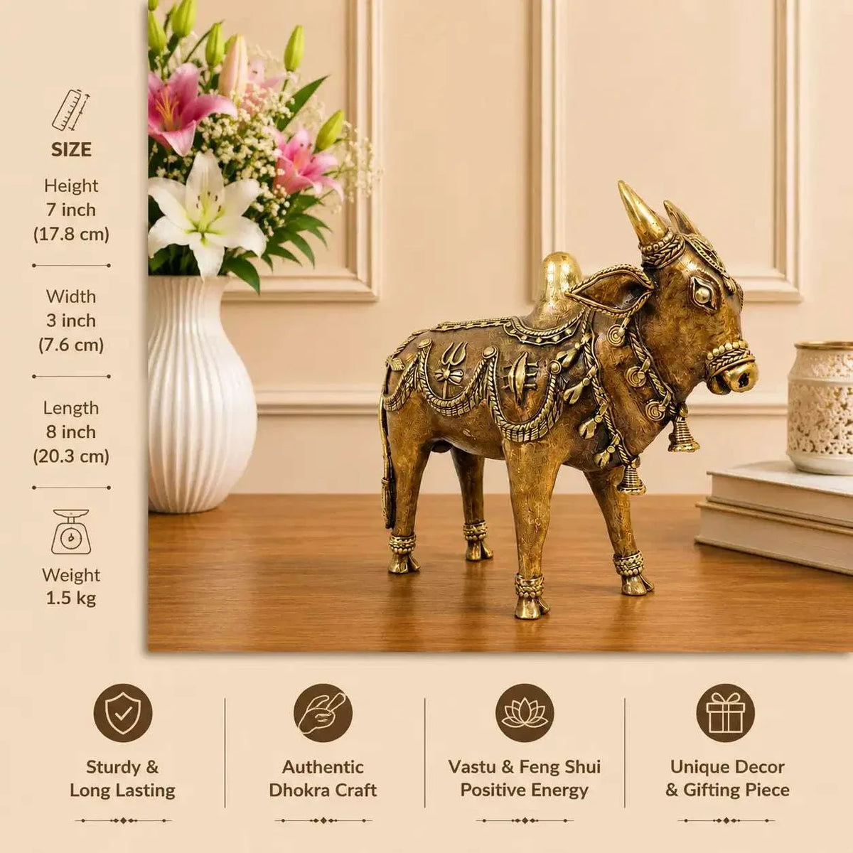 Brass Dhokra Standing Nandi Idol (7 Inch)