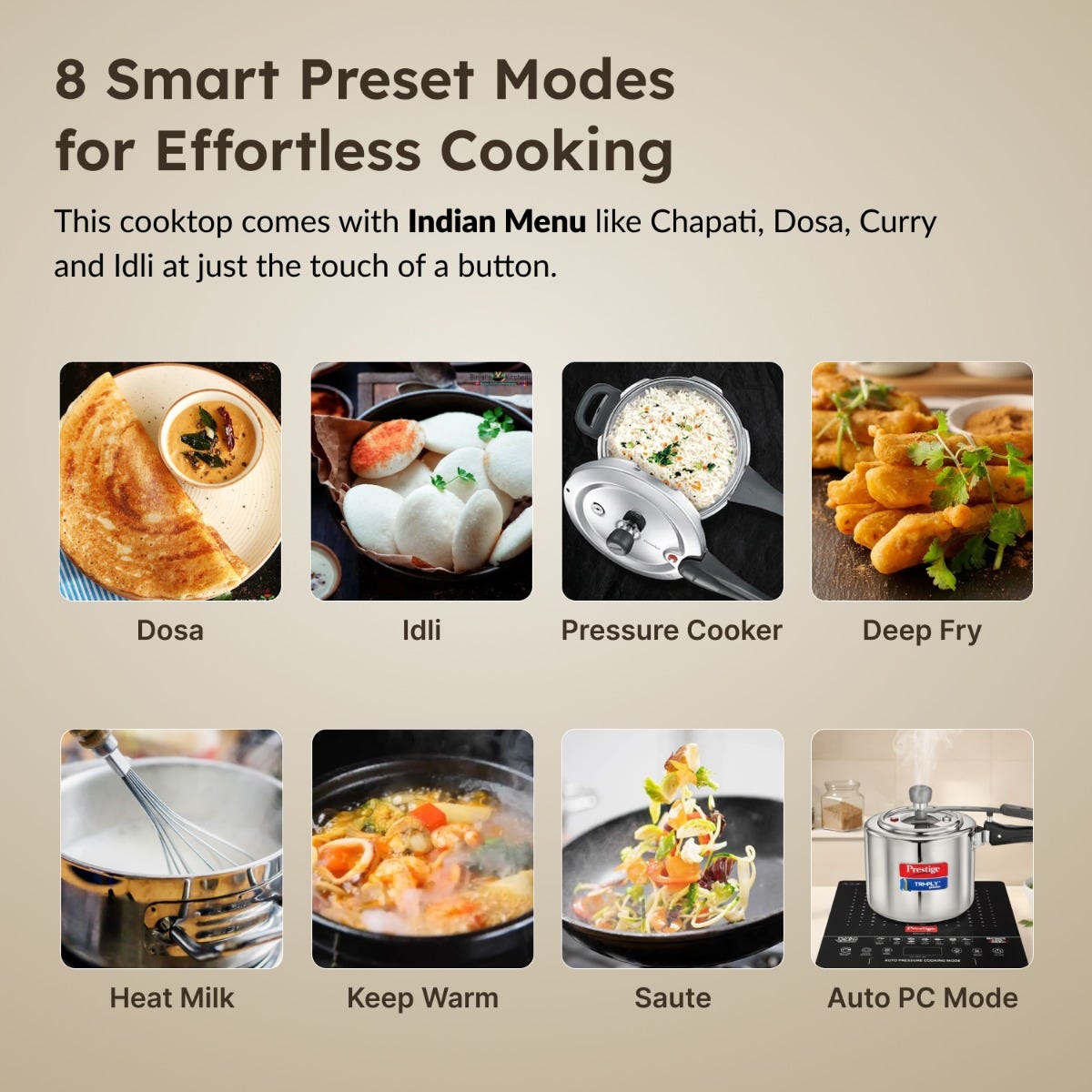 Prestige Swish Induction Cooktop V4 + Prestige TRIPLY Splendid 4 Pc Cookware Set: Fry Pan 22cm, Kadai 22cm, Saucepan 14cm, SS Lid 24cm, Gas & Induction Compatible, 15Y Warranty