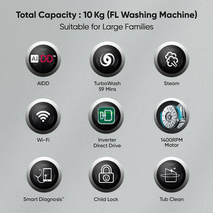 LG 10 kg 5 Star Fully Automatic Front Load Washing Machine (FHP1410Z7P.APSQEIL, Smart Diagnosis, Platinum Silver)