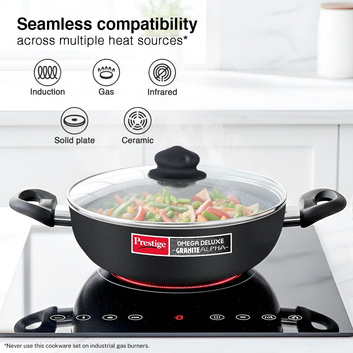 Prestige Electro Duo Infrared and Induction Combi Cooktop + Prestige Omega Deluxe Granite Alpha 3 Pc BYK Non-Stick Set: Kadai 24cm with Glass Lid, Omni Tawa 28cm, Fry Pan 24cm