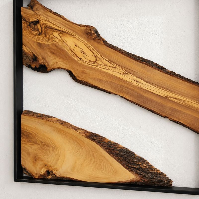 Rustic Natural Wood Wall Art Panels with Black Metal Frame – Luxury Living Room Decor