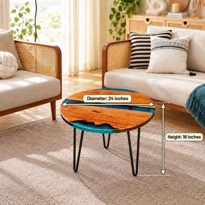 Round Live Edge Epoxy Coffee Table, Solid Wood Center Table with Blue Resin, Natural Wood Table with Metal Hairpin Legs, Custom Size Coffee Table, Creative Sofa Side Table