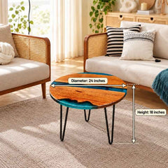 Round Live Edge Epoxy Coffee Table, Solid Wood Center Table with Blue Resin, Natural Wood Table with Metal Hairpin Legs, Custom Size Coffee Table, Creative Sofa Side Table