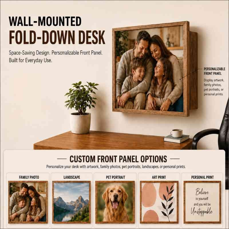 Solid Wood Fold Down Wall Mounted Desk with Personalized Photo Frame