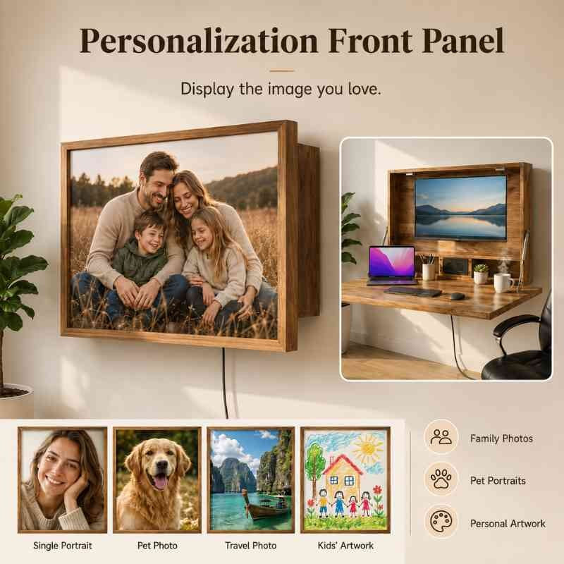 Solid Wood Fold Down Wall Mounted Desk with Personalized Photo Frame