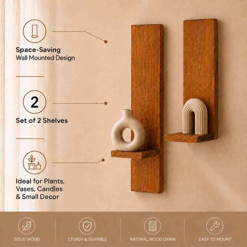 Rustic Wall Hanging Wooden Shelves (Set of 2), Solid Wood Plant Display Shelves
