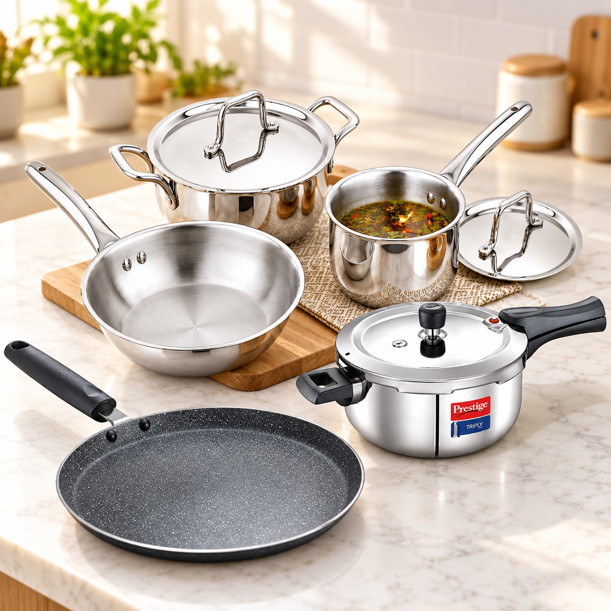 All-Triply Home Kitchen Combo | Prestige Svachh Triply 3.5 L Outer Lid Pressure Cooker + Praylady Triplus Triply 5 pc Cookware Set + Prestige Granite Non-Stick Dosa Tawa 30 cm-3
