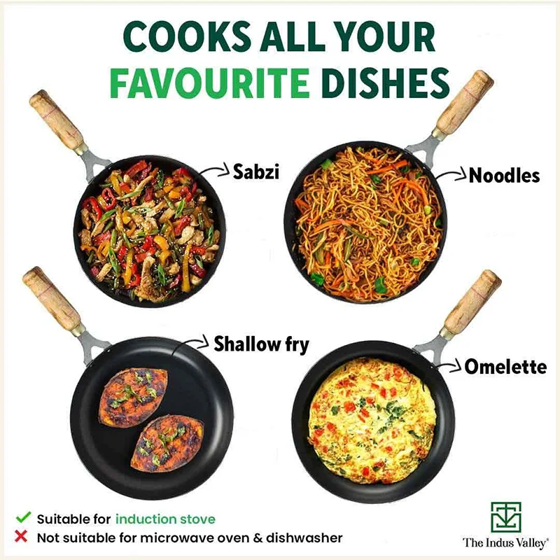 100% Pure Sheet Iron Fry Pan with Wooden Handle, Seasoned, Toxin-free, Induction, 16.5/25.4/30.4 cm