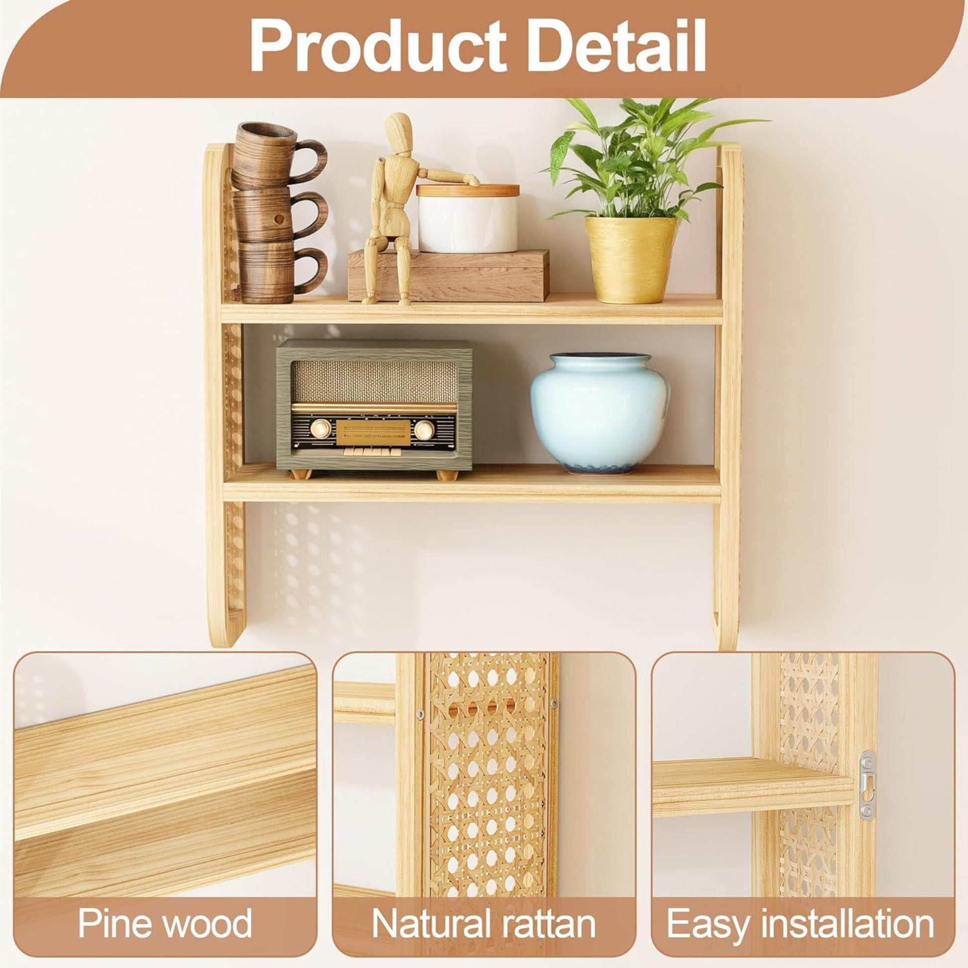 Wall Mounted Rattan 2-Tier Wooden Storage Shelf-Set of 2