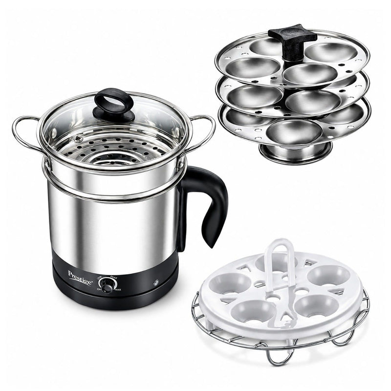 Prestige Endura 1000W 4 Jar Mixer Grinder: 3 SS Jars + 1 Juicer Jar, Ball Bearing Copper Motor, SS Blades, Black, 5Y Motor Warranty + Prestige 1.5L PMC 3.0 Plus Multi Kettle / Multi Cooker