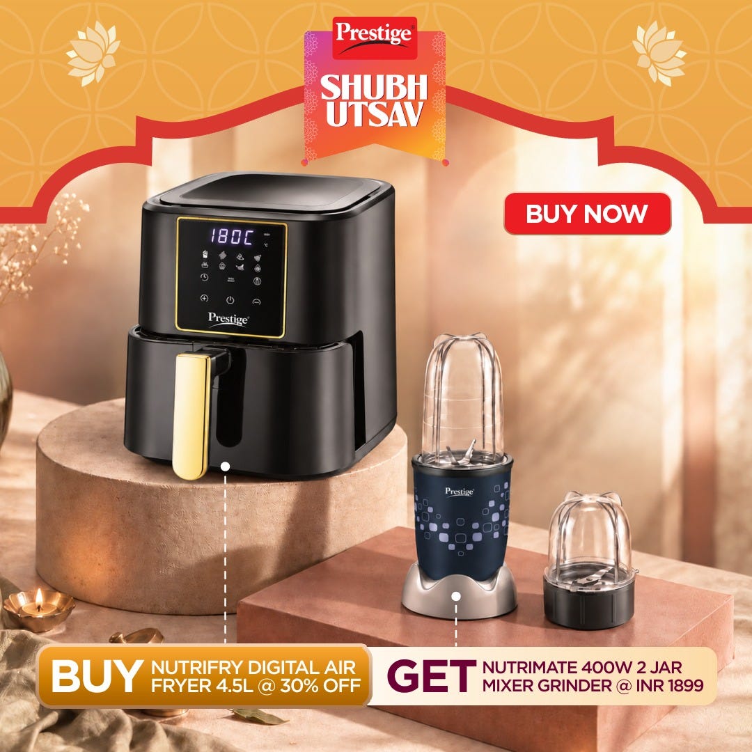 Prestige Nutrifry 4.5L Digital Air Fryer, 1200W, 8 Preset Menu, 80% Less Oil, 1Y Warranty, ISI + Prestige Nutri-Mate 400W Mixer Grinder, 2 Jars & 3 Lids, Dual Safety Interlock, 1Y Warranty