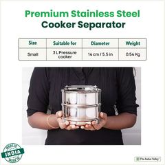 Stainless Steel Pressure Cooker Separator 2-tier Compatible with 3 Litres , Premium Quality, 100% Safe, 2 Containers With Lifter Stand, Stainless Steel