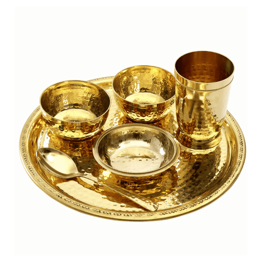 சுத்தியல் பித்தளை இரவு உணவு தொகுப்பு - கண்ணாடி, கிண்ணங்கள் &amp; கரண்டியுடன் கைவினைப் பொருள் தாலி