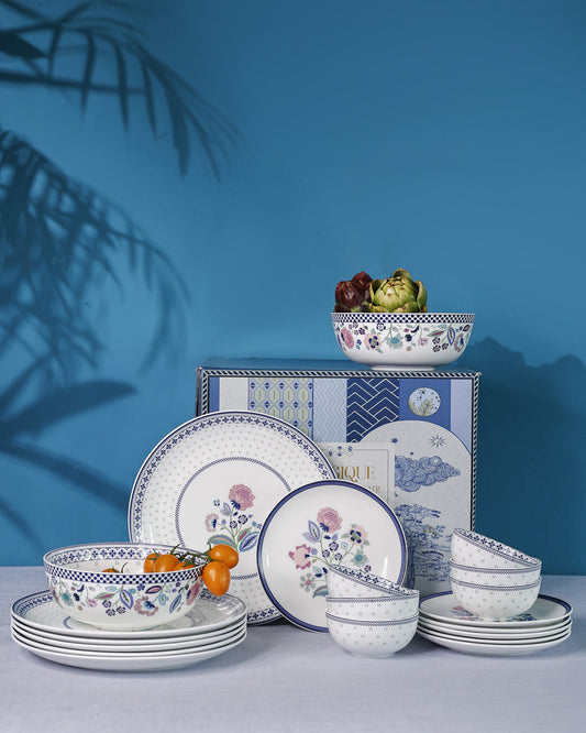 Magique by The Wishing Chair x Clay Craft – Indigo Chintz Urmi Dinner Set of 20 (Family of 6)