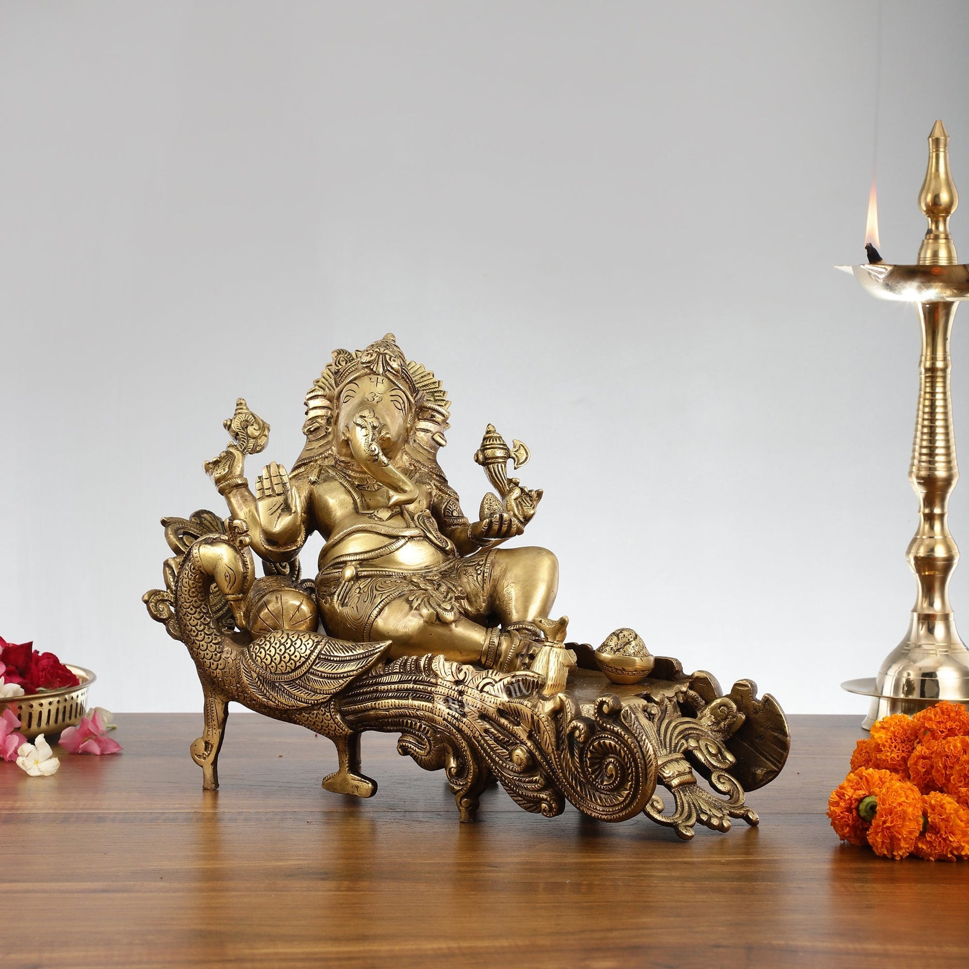 Divine 15 Inch Brass Ganapathi Idol on Peacock Throne - Handcrafted Masterpiece