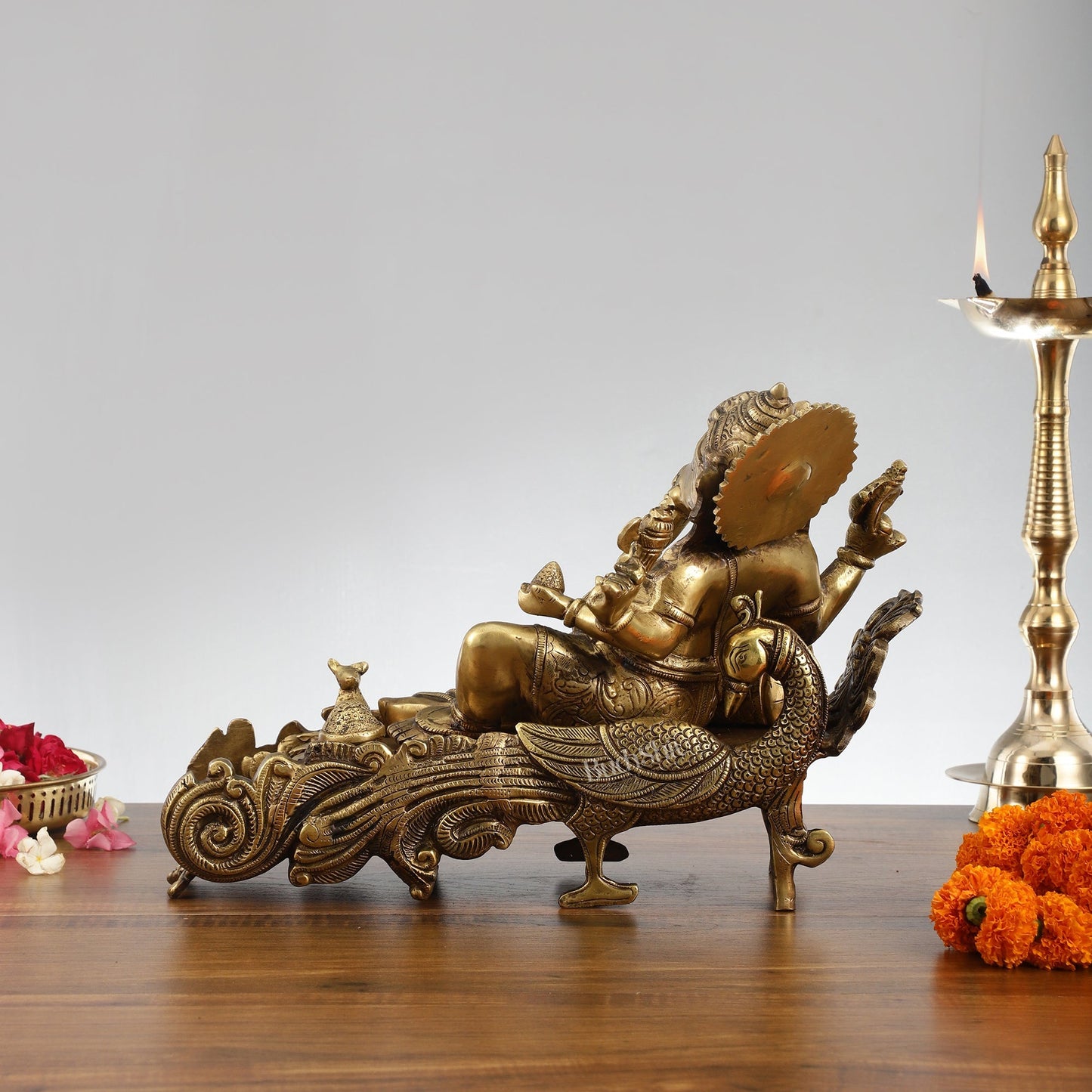 Divine 15 Inch Brass Ganapathi Idol on Peacock Throne - Handcrafted Masterpiece