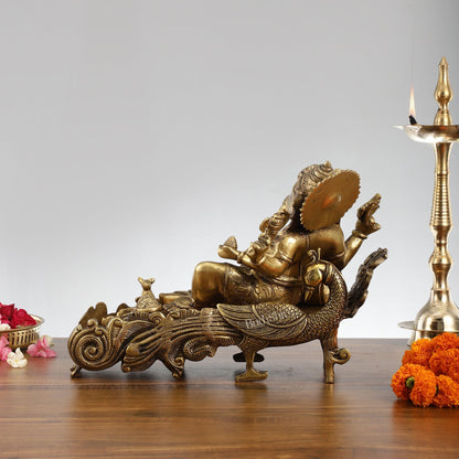 Divine 15 Inch Brass Ganapathi Idol on Peacock Throne - Handcrafted Masterpiece