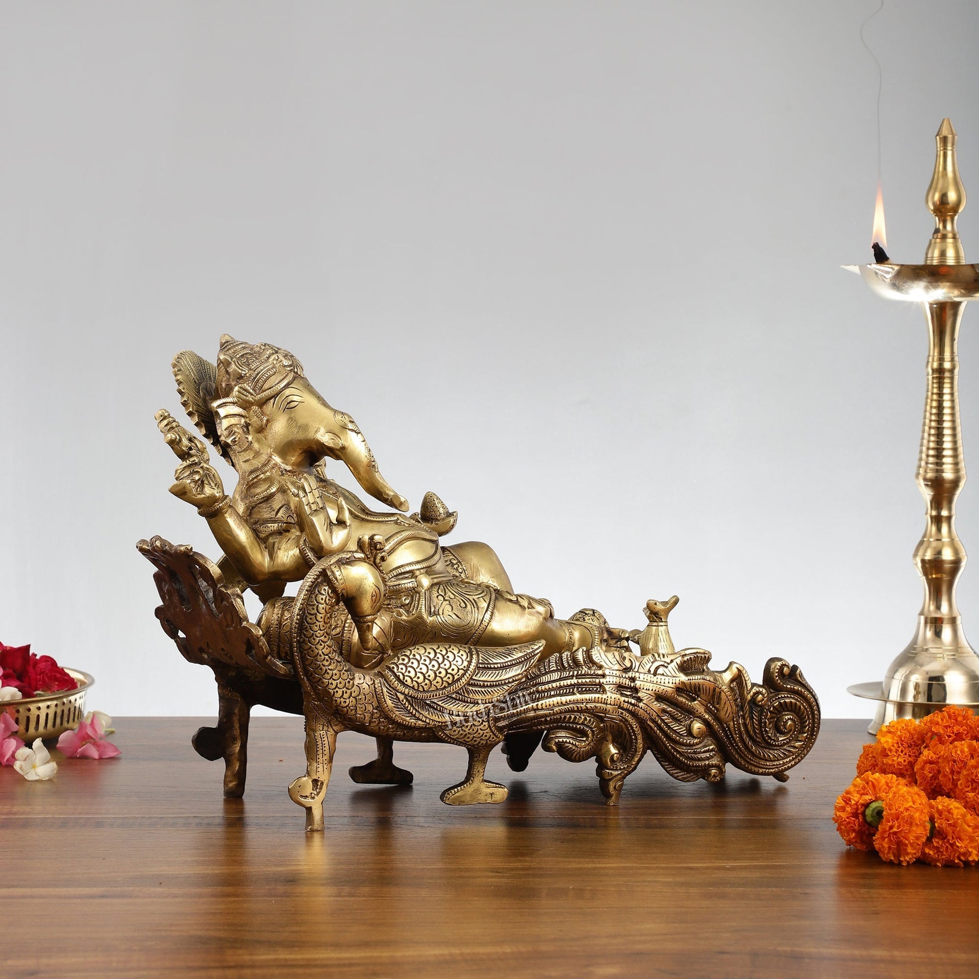 Divine 15 Inch Brass Ganapathi Idol on Peacock Throne - Handcrafted Masterpiece