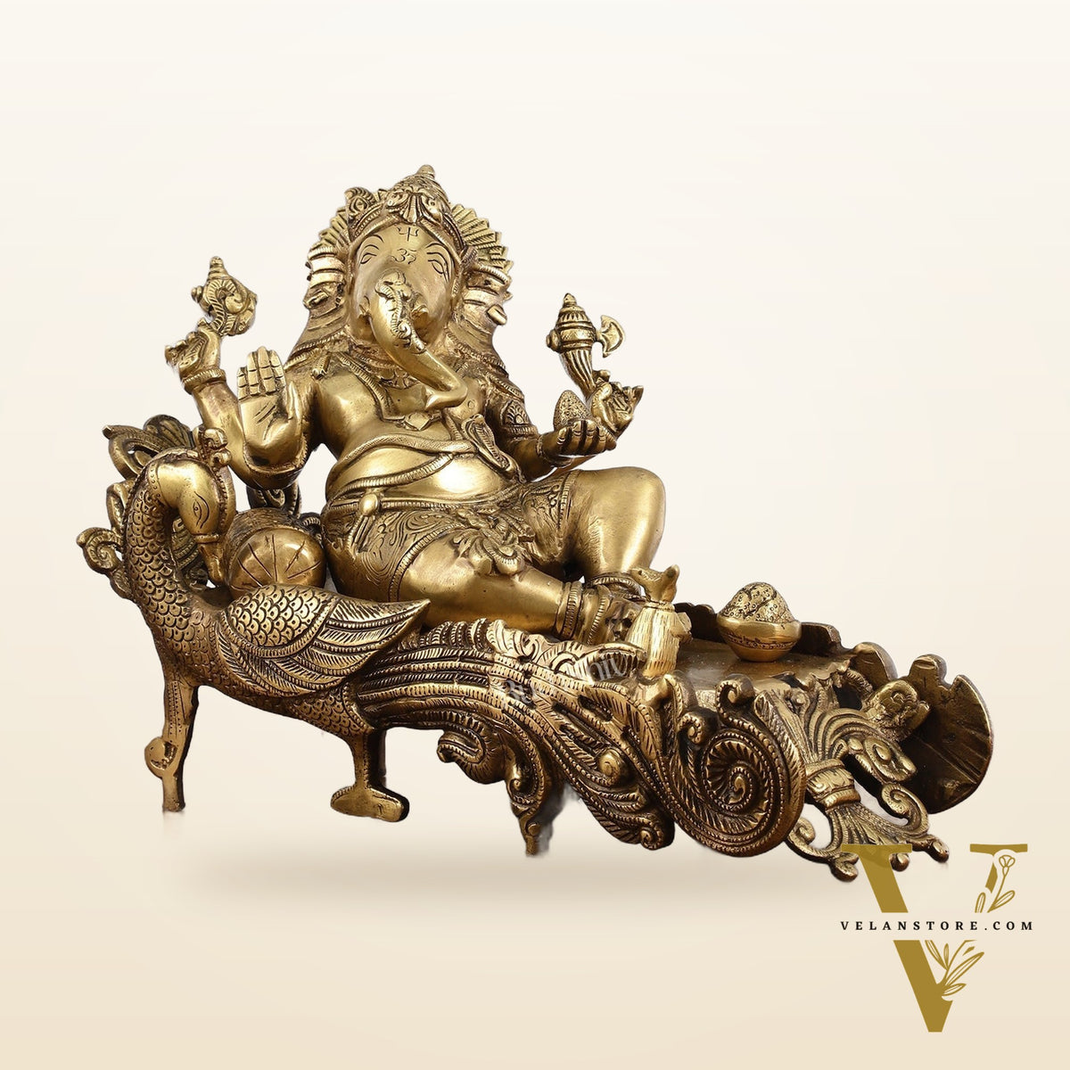 Divine 15 Inch Brass Ganapathi Idol on Peacock Throne - Handcrafted Masterpiece