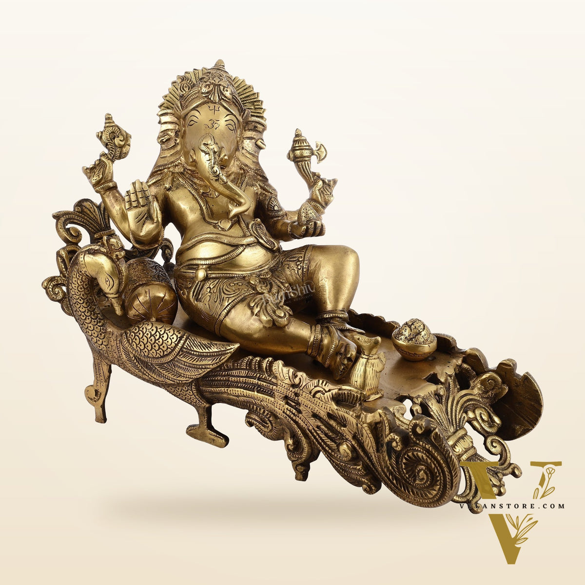 Divine 15 Inch Brass Ganapathi Idol on Peacock Throne - Handcrafted Masterpiece
