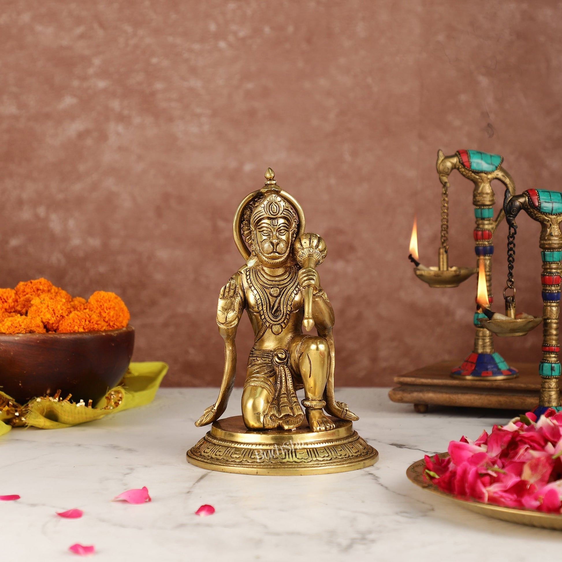 Divine 8.5-Inch Brass Gadadhari Hanuman Idol - Blessing Pose Aashirwad Mudra