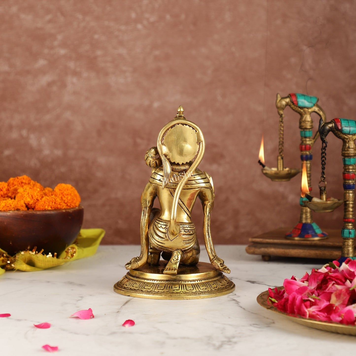 Divine 8.5-Inch Brass Gadadhari Hanuman Idol - Blessing Pose Aashirwad Mudra