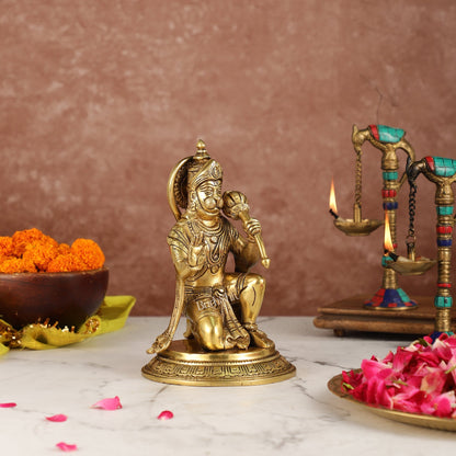 Divine 8.5-Inch Brass Gadadhari Hanuman Idol - Blessing Pose Aashirwad Mudra