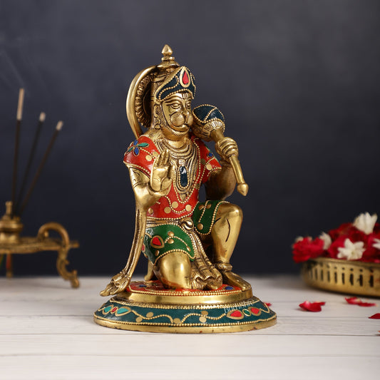 Divine 8.5-Inch Brass Gadadhari Hanuman Idol - Blessing Pose Aashirwad Mudra