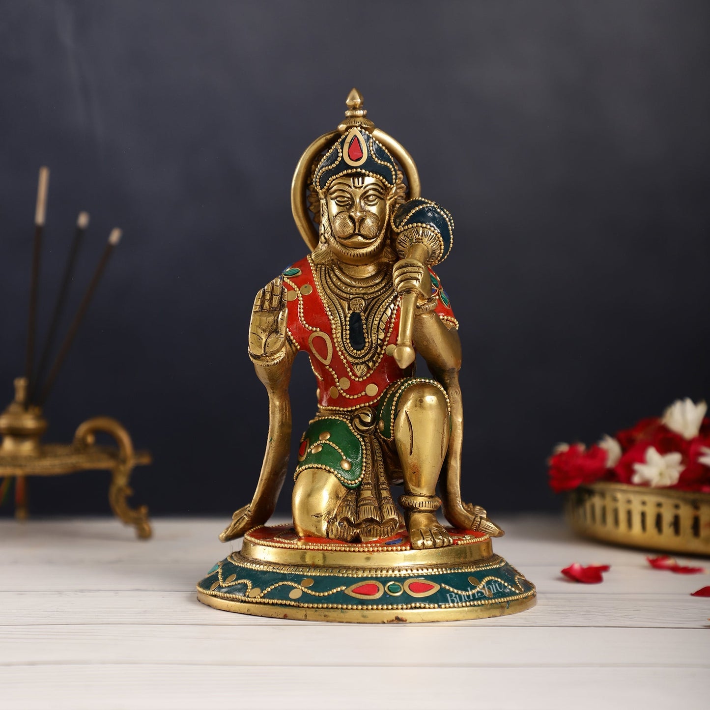 Divine 8.5-Inch Brass Gadadhari Hanuman Idol - Blessing Pose Aashirwad Mudra