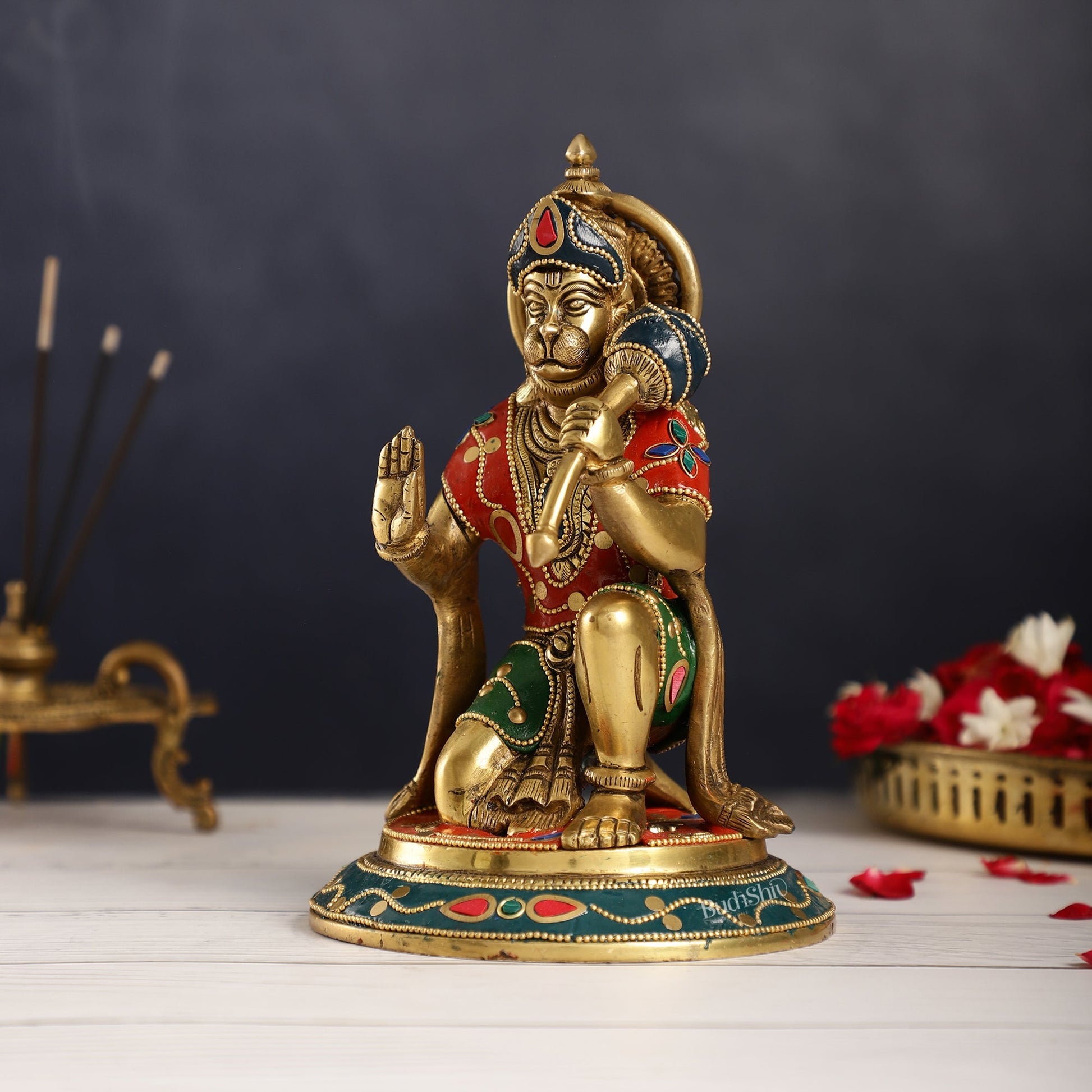 Divine 8.5-Inch Brass Gadadhari Hanuman Idol - Blessing Pose Aashirwad Mudra