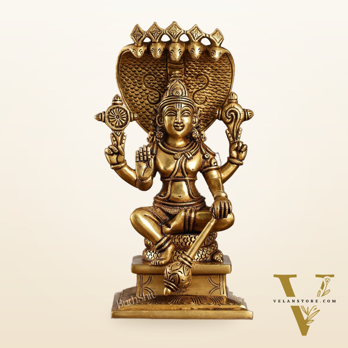Divine 9 Inch Brass Lord Vishnu Seated with Sheshanaag Idol