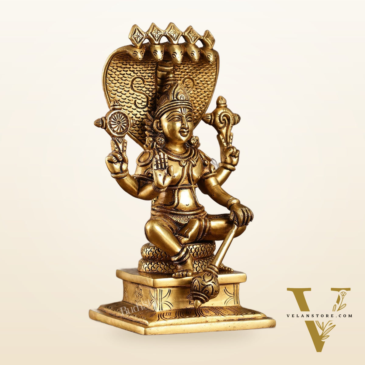 Divine 9 Inch Brass Lord Vishnu Seated with Sheshanaag Idol
